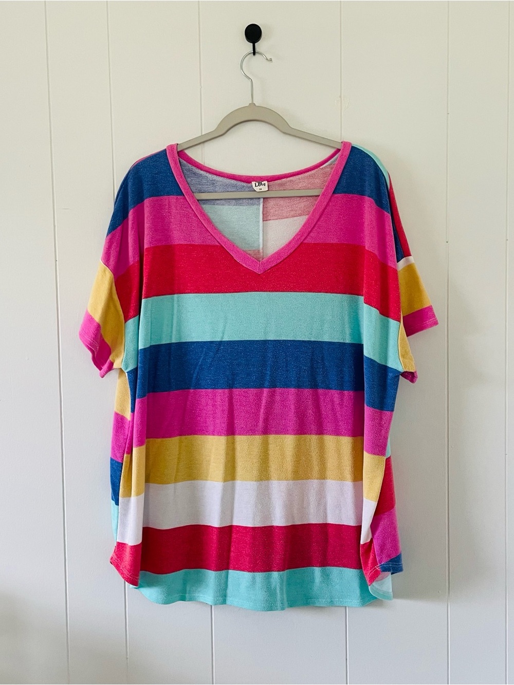 Sew In Love Bright Striped V-Neck Top in Pink, Teal, Blue, Yellow & White